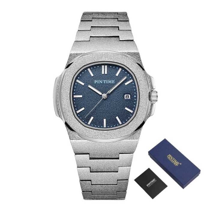 Reloj de lujo esmerilado para hombre - Movimiento de cuarzo de acero inoxidable con caja de almacenamiento Azul plateado