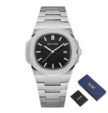 PINTIME Reloj de lujo esmerilado para hombre - Movimiento de cuarzo de acero inoxidable con caja de almacenamiento Plata Negro