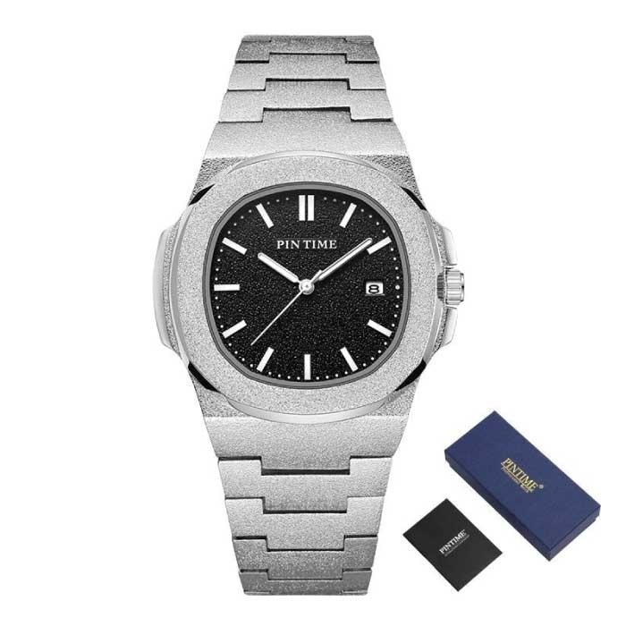 Reloj de lujo esmerilado para hombre - Movimiento de cuarzo de acero inoxidable con caja de almacenamiento Plata Negro