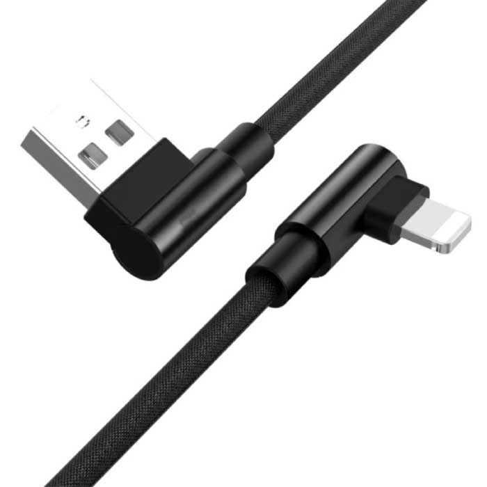 Cable de Carga 90° 2M para iPhone Lightning 8-pin - 2 Metros - Cargador de Nylon Trenzado Cable de Datos Android Negro