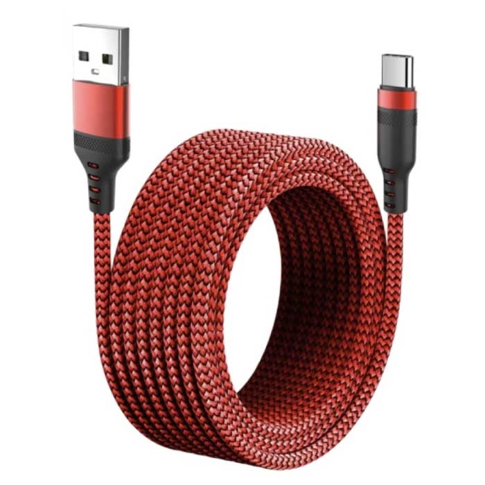 Cable de carga extra largo 8M USB-C Cable de datos Cargador de nylon trenzado Rojo