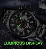 DEYROS Stainless Steel Sports Watch for Men - Quartz Movement Calendar Luminous Clock Leather Silver Blue