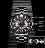 DEYROS Stainless Steel Sports Watch for Men - Quartz Movement Calendar Luminous Clock Leather Silver Blue