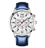 DEYROS Stainless Steel Sports Watch for Men - Quartz Movement Calendar Luminous Clock Leather Silver Blue