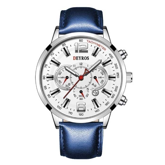 Reloj Deportivo de Acero Inoxidable para Hombre - Movimiento de Cuarzo Calendario Reloj Luminoso Cuero Plata Azul
