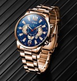 DEYROS Stainless Steel Sport Watch for Men - Quartz Movement Calendar Luminous Clock Leather Rose Gold Blue