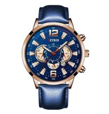 DEYROS Stainless Steel Sport Watch for Men - Quartz Movement Calendar Luminous Clock Leather Rose Gold Blue