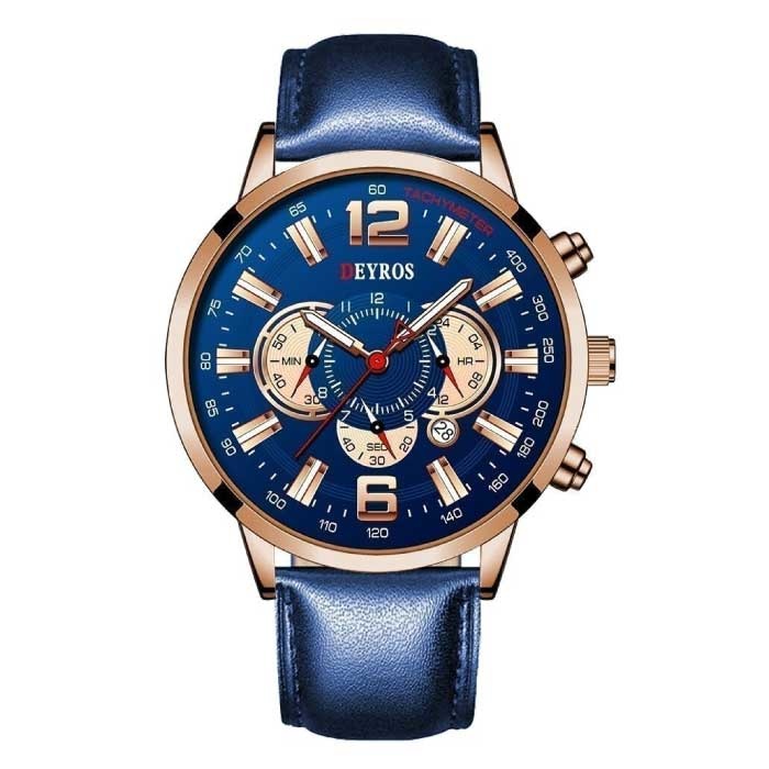 Stainless Steel Sport Watch for Men - Quartz Movement Calendar Luminous Clock Leather Rose Gold Blue