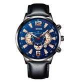 DEYROS Sportowy zegarek ze stali nierdzewnej dla mężczyzn - kwarcowy kalendarz z mechanizmem świetlnym zegar skórzany czarny niebieski