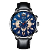 DEYROS Stainless Steel Sports Watch for Men - Quartz Movement Calendar Luminous Clock Leather Black Blue