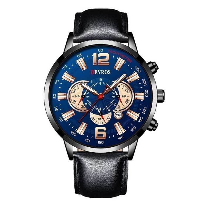 Stainless Steel Sports Watch for Men - Quartz Movement Calendar Luminous Clock Leather Black Blue
