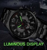 DEYROS Stainless Steel Sport Watch for Men - Quartz Movement Calendar Luminous Clock Leather Black Gold