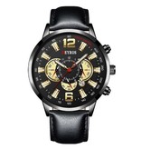 DEYROS Stainless Steel Sport Watch for Men - Quartz Movement Calendar Luminous Clock Leather Black Gold