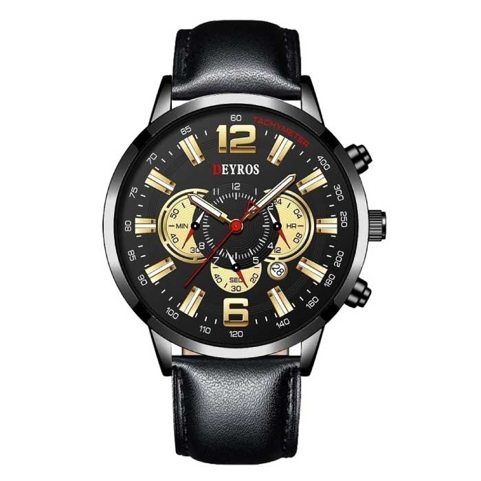 Stainless Steel Sport Watch for Men - Quartz Movement Calendar Luminous Clock Leather Black Gold