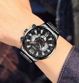 DEYROS Stainless Steel Sports Watch for Men - Quartz Movement Calendar Luminous Clock Leather Black Silver