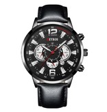 DEYROS Stainless Steel Sports Watch for Men - Quartz Movement Calendar Luminous Clock Leather Black Silver