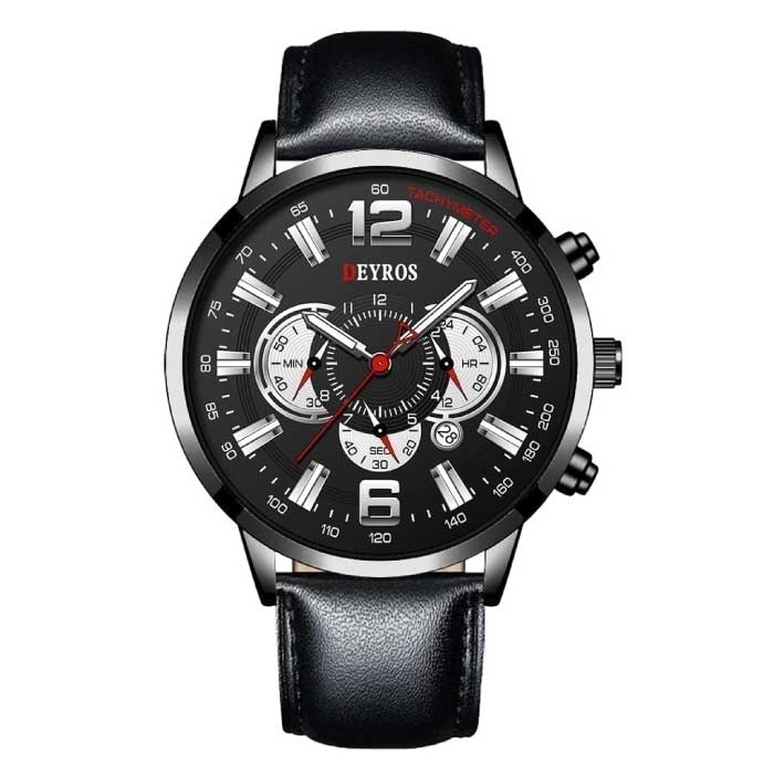 Stainless Steel Sports Watch for Men - Quartz Movement Calendar Luminous Clock Leather Black Silver