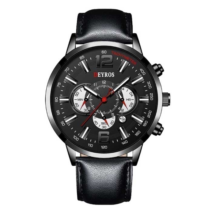 Stainless Steel Sports Watch for Men - Quartz Movement Calendar Luminous Clock Leather Black Black