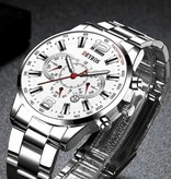 DEYROS Reloj deportivo de acero inoxidable para hombre - Movimiento de cuarzo Calendario Reloj luminoso Acero Plata Blanco