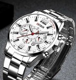 DEYROS Stainless Steel Sport Watch for Men - Quartz Movement Calendar Luminous Clock Steel Silver White