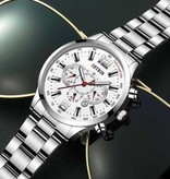 DEYROS Stainless Steel Sport Watch for Men - Quartz Movement Calendar Luminous Clock Steel Silver White