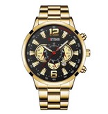 DEYROS Stainless Steel Sports Watch for Men - Quartz Movement Calendar Luminous Clock Steel Gold Black