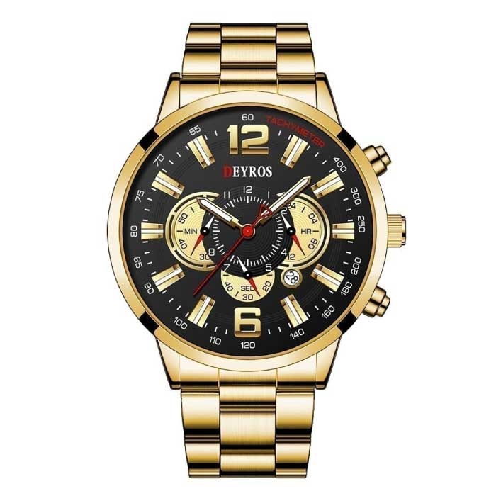 Stainless Steel Sports Watch for Men - Quartz Movement Calendar Luminous Clock Steel Gold Black