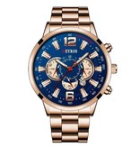 DEYROS Stainless Steel Sports Watch for Men - Quartz Movement Calendar Luminous Clock Steel Rose Gold Blue