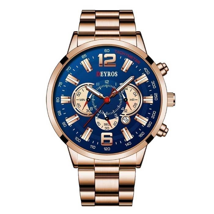 Reloj deportivo de acero inoxidable para hombre - Movimiento de cuarzo Calendario Reloj luminoso Acero Oro rosa Azul