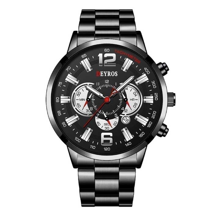 Stainless Steel Sports Watch for Men - Quartz Movement Calendar Luminous Clock Steel Black Silver