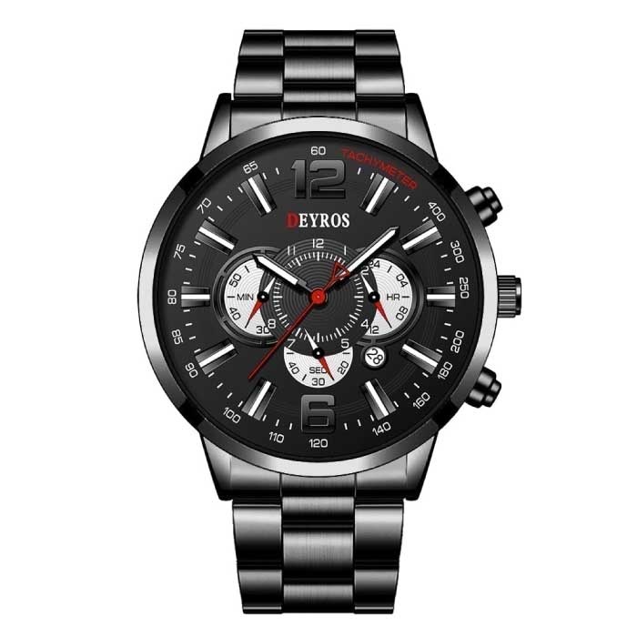 Stainless Steel Sports Watch for Men - Quartz Movement Calendar Luminous Clock Steel Black Black