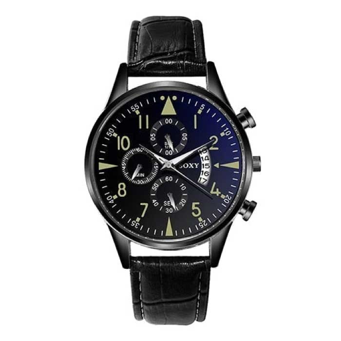 Elegante orologio di lusso per uomo - Cinturino in pelle con movimento al quarzo luminoso con calendario nero