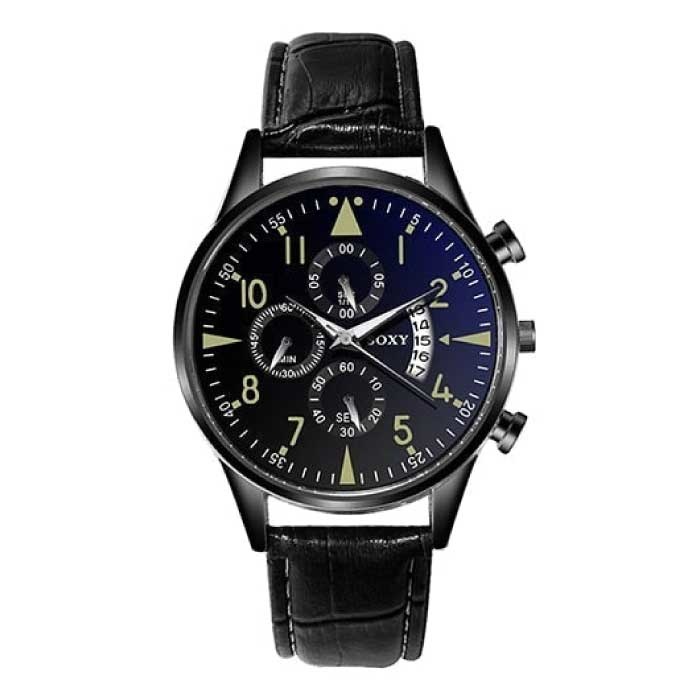 Elegante reloj de lujo para hombre - Movimiento de cuarzo luminoso Correa de cuero con calendario Negro