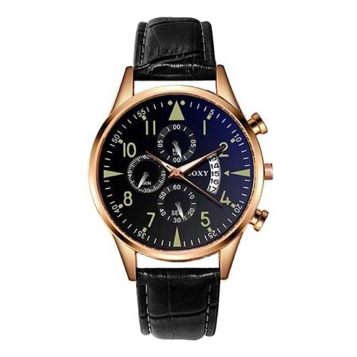 Elegante orologio di lusso per uomo - Cinturino in pelle con movimento al quarzo luminoso con calendario in oro nero