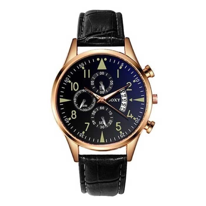 Elegante reloj de lujo para hombre - Movimiento de cuarzo luminoso Correa de cuero con calendario Oro negro