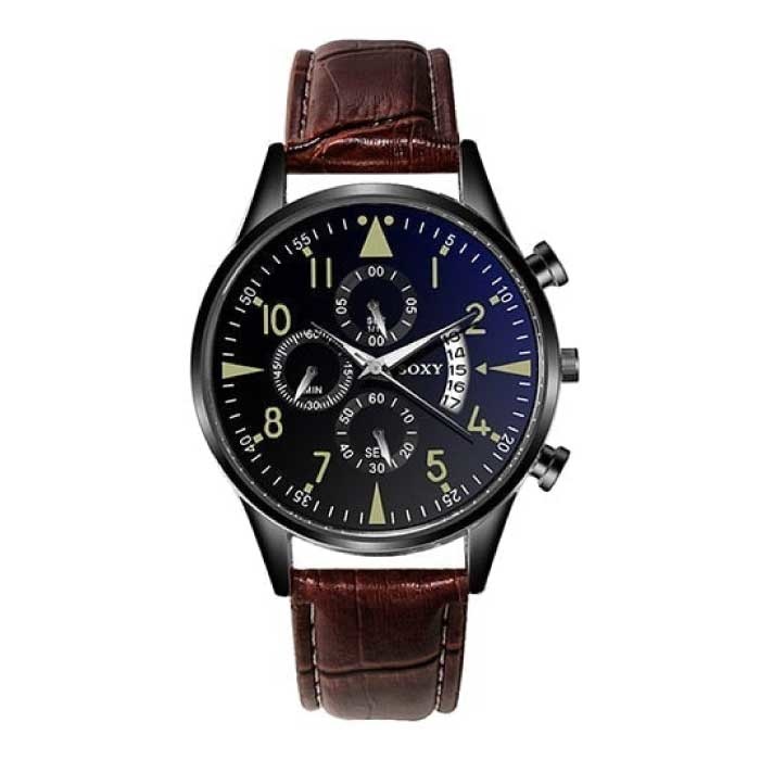 Elegante reloj de lujo para hombre - Movimiento de cuarzo luminoso Correa de cuero con calendario Marrón