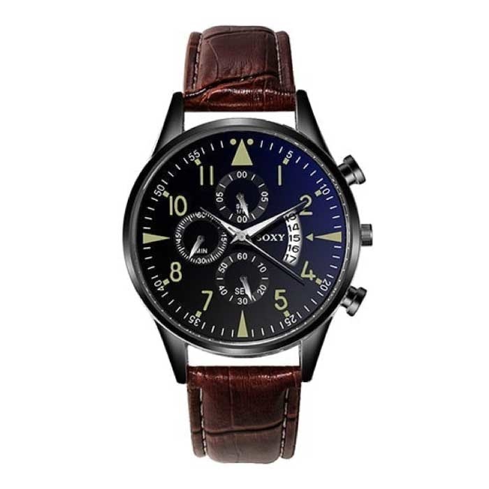Stylowy luksusowy zegarek dla mężczyzn — błyszczący skórzany pasek z mechanizmem kwarcowym i brązowym kalendarzem