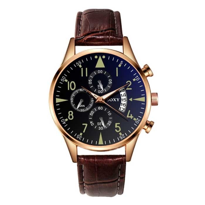 Elegante reloj de lujo para hombre - Movimiento de cuarzo luminoso Correa de cuero con calendario Marrón dorado