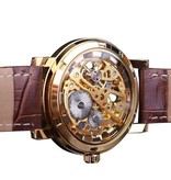 Winner Montre Homme Luxe Boitier Or - Bracelet Cuir Transparent Mécanique Squelette Doré