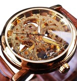 Winner Gouden Kast Luxe Horloge voor Heren - Leren Bandje Transparant Mechanisch Skelet Goud