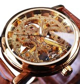 Winner Luksusowy zegarek dla mężczyzn ze złotą kopertą — skórzany pasek przezroczysty mechaniczny szkielet złoty