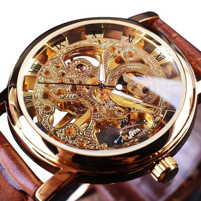 Luksusowy zegarek dla mężczyzn ze złotą kopertą — skórzany pasek przezroczysty mechaniczny szkielet złoty