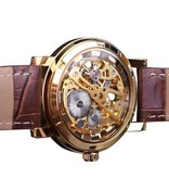 Winner Luksusowy zegarek dla mężczyzn ze złotą kopertą — skórzany pasek przezroczysty mechaniczny szkielet złotobrązowy