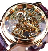 Winner Gold Case Luxury Watch for Men - Leather Strap Transparent Mechanical Skeleton Gold Brown