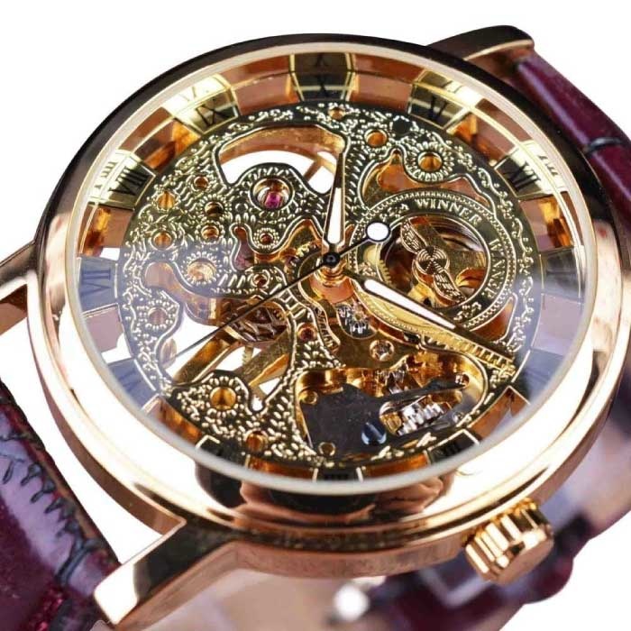 Luksusowy zegarek dla mężczyzn ze złotą kopertą — skórzany pasek przezroczysty mechaniczny szkielet złotobrązowy