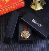 Winner Gold Case Luxury Watch for Men - Leather Strap Transparent Mechanical Skeleton Silver Brown
