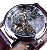 Winner Gold Case Luxury Watch for Men - Leather Strap Transparent Mechanical Skeleton Silver Brown