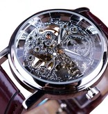 Winner Gouden Kast Luxe Horloge voor Heren - Leren Bandje Transparant Mechanisch Skelet Zilver Bruin
