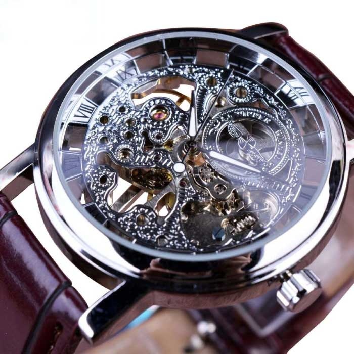 Gold Case Luxury Watch for Men - Leather Strap Transparent Mechanical Skeleton Silver Brown