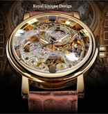 Winner Luksusowy zegarek dla mężczyzn ze złotą kopertą — skórzany pasek z przezroczystym mechanicznym szkieletem, czarno-brązowy